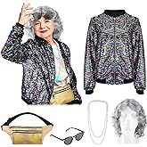 Bonuci 5 Pack Grey Old Lady Wig Granny Glasses Sequin Long Sleeve Jacket Laser Bag String of Pearl Necklace for Party Costume
