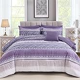 WONGS BEDDING 8 Piece Queen Size Comforter Set, Texture Striped Bed in a Bag Purple Comforter and Sheet Set, Boho Lightweight Microfiber Bedding Set for All Season (90"×90")