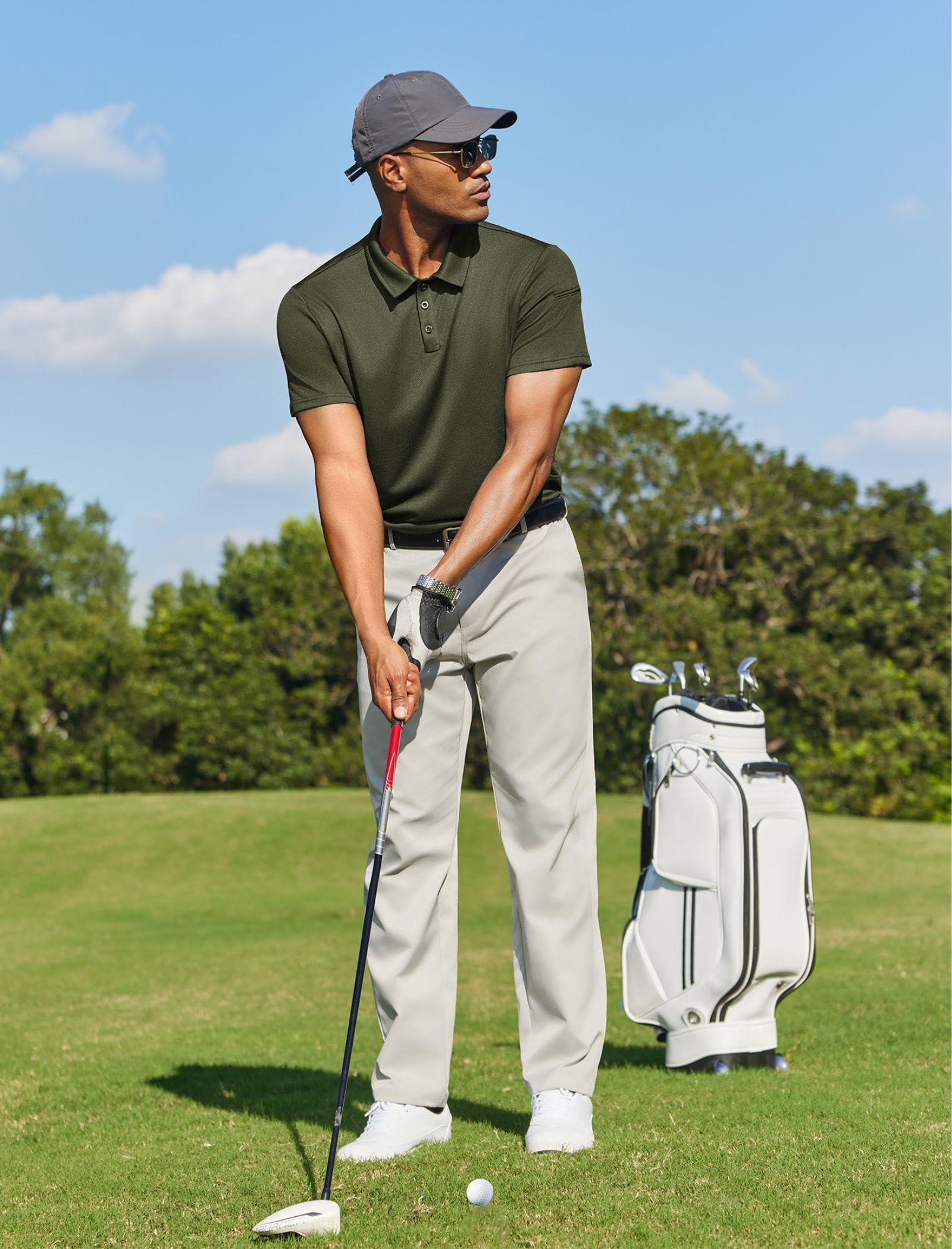 PINSPARK Men's Polo Shirts 3 Button Quick Dry Performance Collared Casual Shirt Short Sleeve Golf Polos for Men Army Green