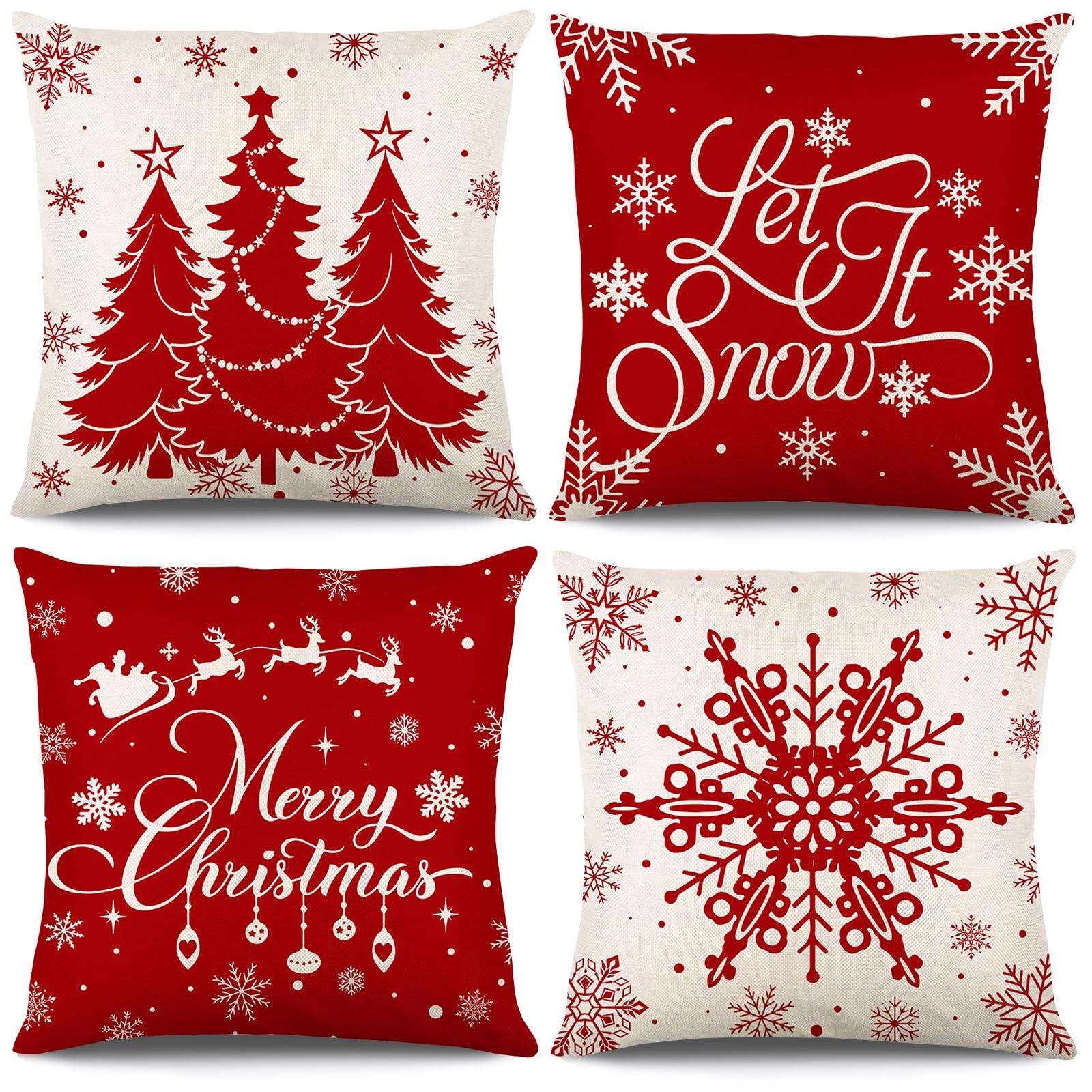 KIKISML Christmas Cushion Covers 18x18 Inch, 4 Pack Christmas Tree Snowflake Reindeer Santa Claus Linen Throw Pillow Cases for Home Decor, Bedroom, Sofa Xmas Decor (Red)