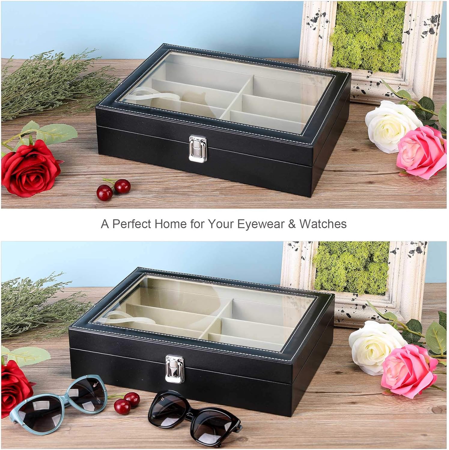 CO-Z Leather Multi Sunglasses Organizer for Women Men, Eyeglasses Eyewear Display Case, Jewelry Watch Organizer, Sunglasses Jewelry Collection Case, Sunglass Glasses Storage Holder Box with 8 Slots: Home & Kitchen