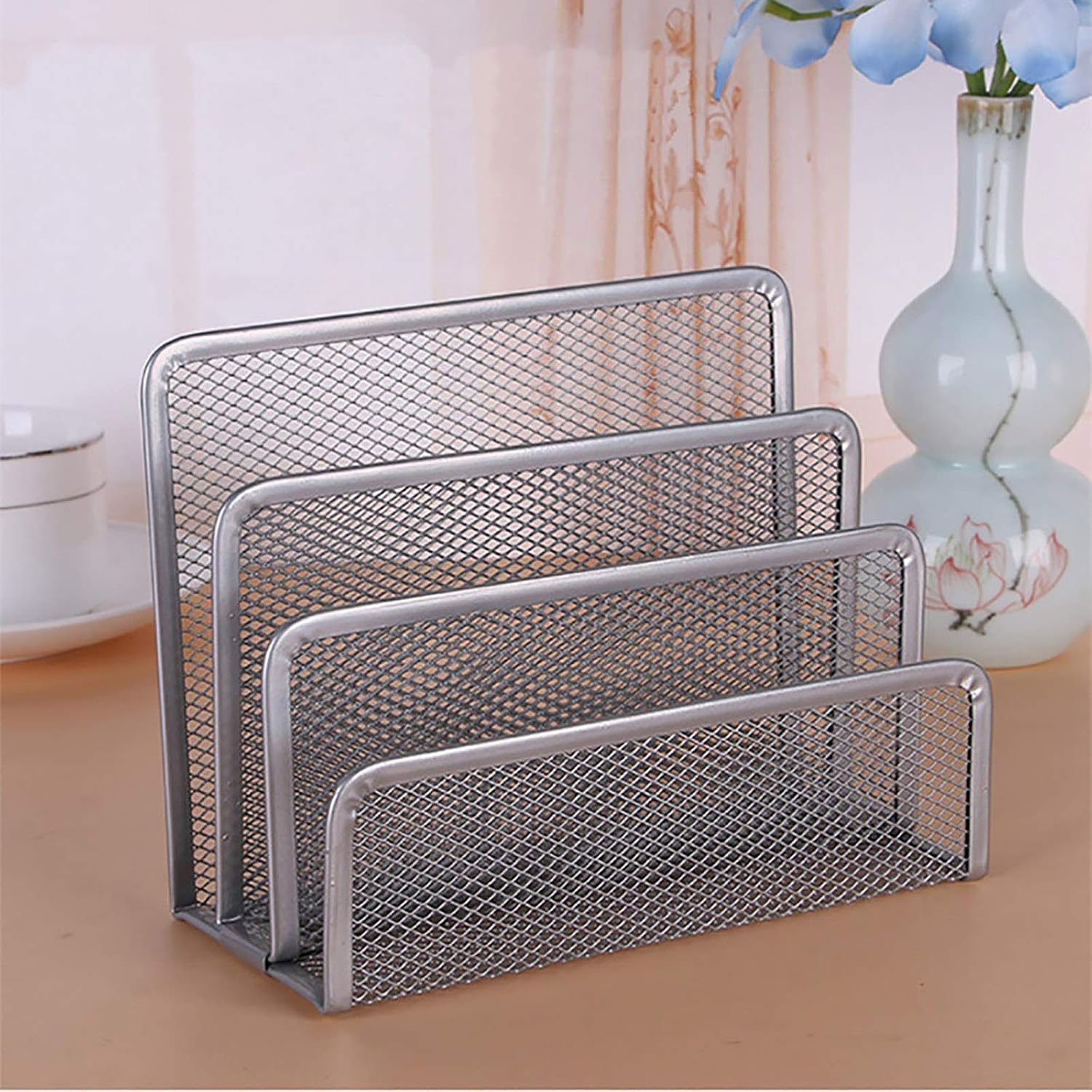 VANRA Small Letter Sorter Desktop File Holder Organizer Metal Mesh with 3 Vertical Upright Compartments (Silver) - Image 3