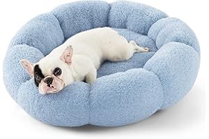 LE SURE Lesure Calming Medium Dog Bed - Flower Donut Round Fluffy Puppy Bed in Plush Teddy Sherpa, Non-Slip Cute Flower Cat Beds for Indoor Cats, Medium Pet Bed Fits up to 45 lbs, Machine Washable, Blue 30"