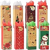 Nihuecne 16 Pack Christmas Wine Bags with Tags & Tissue Paper for Xmas Holiday Gift Wrap,8 Designs (5 x 13 x 4 In)