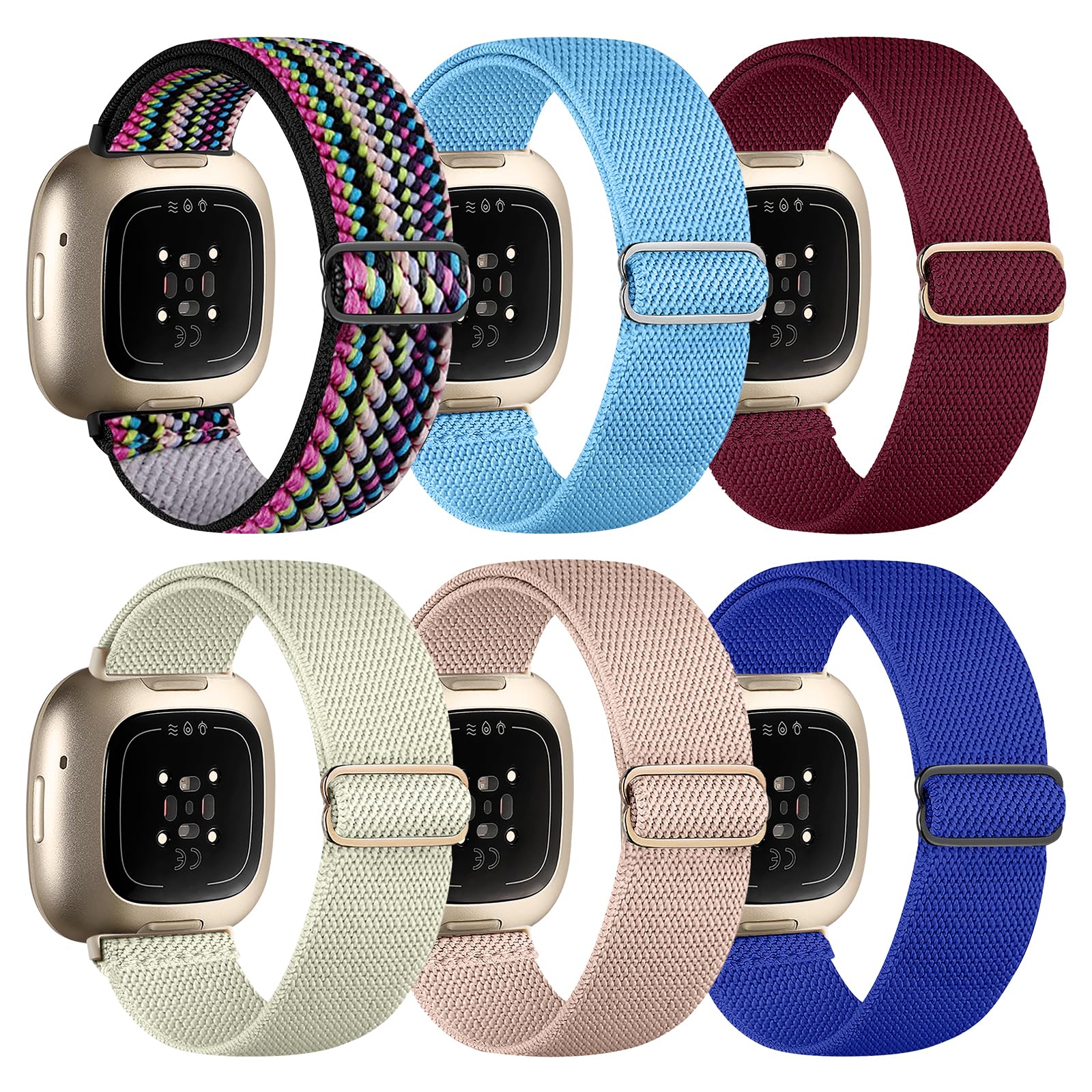 Chinbersky 6-Pack Soft Adjustable Nylon Sport Band for Fitbit Versa 3/4 and Sense/Sense 2