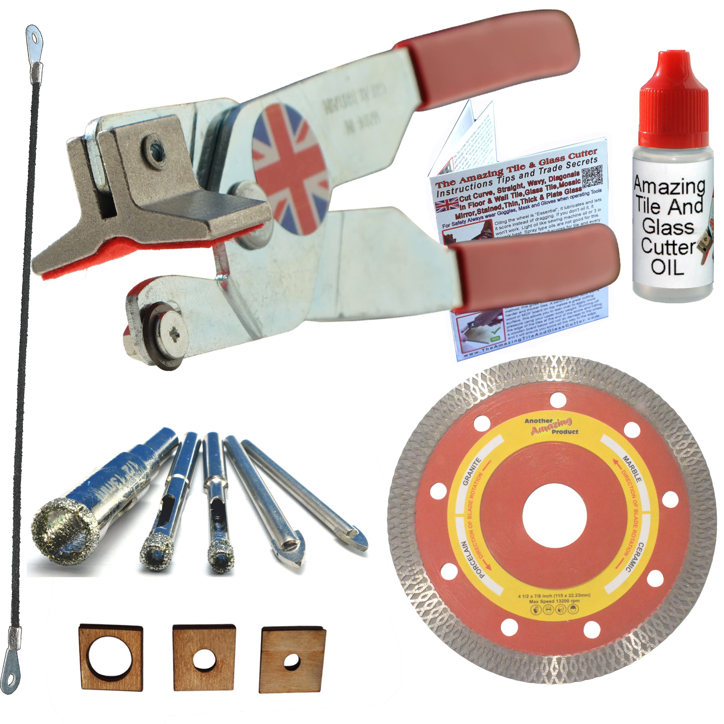 Glass and Tile Cutter Kit 2 Ceramic Tile Cutter 4.5" Thin Angle Grinder Blade for Corners and Cutting Out Electrical Sockets in Porcelain Hacksaw Blade for Notches Tile Diamond Drill Bits for Tile