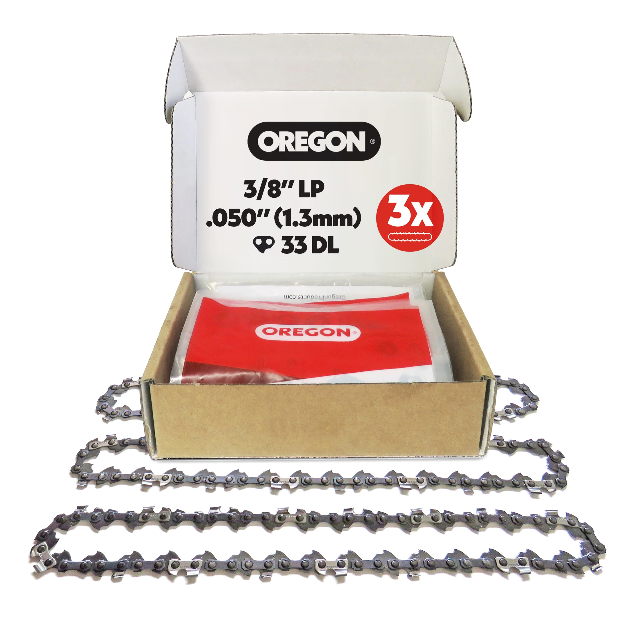 Oregon 3-Pack Pole Saw Chain 3/8" LP Pitch, .050" (1.3 mm) Gauge for 8" (20cm) Bar, 33 Drive Links – Low-Kickback Replacement Chain Fits Einhell, Bosch, Black & Decker, Ryobi, Lux and More (91P033X3)