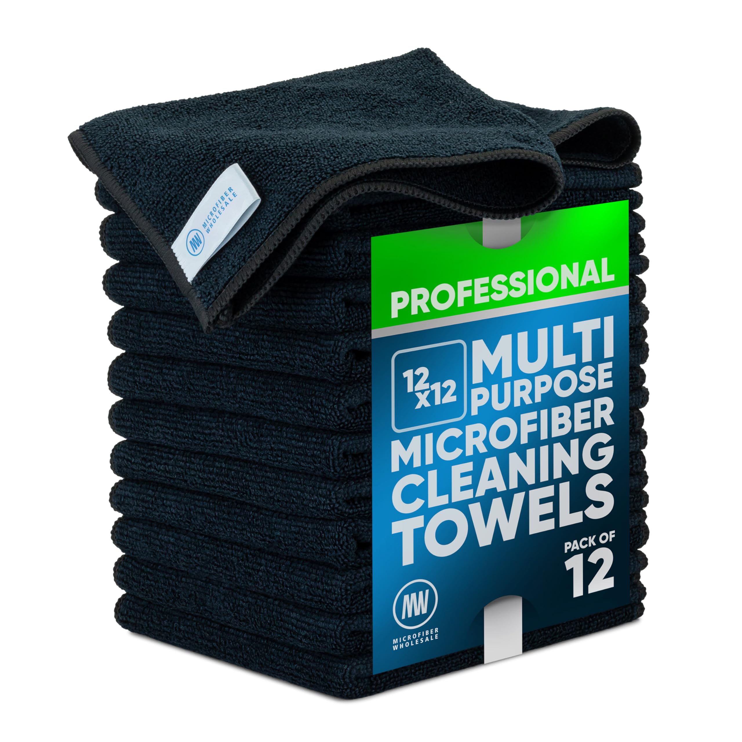12" x 12" Buff Pro Multi-Surface Microfiber Cleaning Cloths | Black - 12 Pack | Premium Microfiber Towels for Cleaning Glass, Kitchens, Bathrooms, Automotive, Supplies & Products