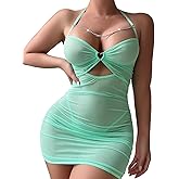 Foxiny Sexy Chain Sheer Mesh Ruched Bodycon Mini Lingerie Dress with Thong 2 Piece Set Outfits