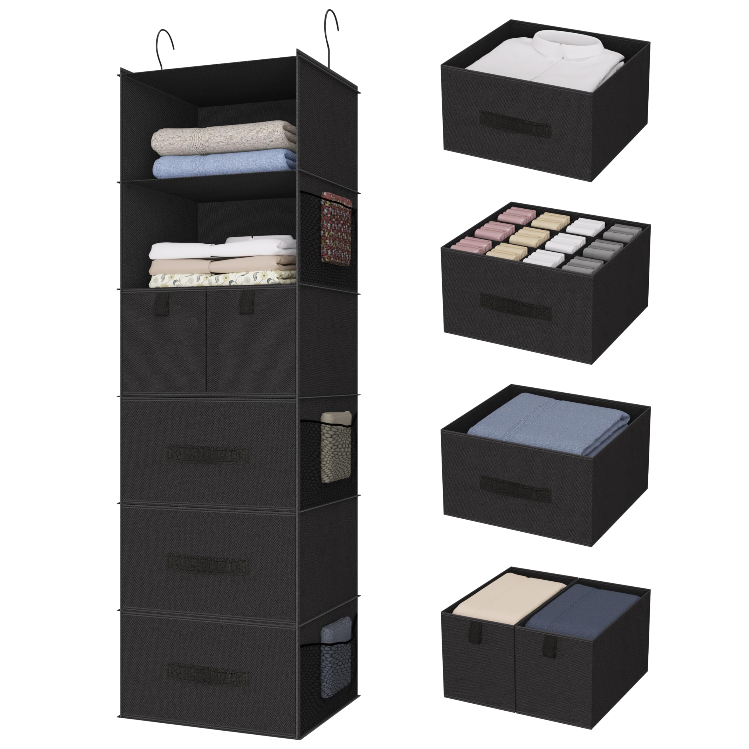 Photo 1 of Bosuelife 6-Shelves Hanging Closet Organizer with 5 Different Drawers, Foldable Closet Organizers and Storage for Wardrobe, Closet& RV, Clothes and Accessories Storage, Non-Woven Fabric, Black