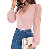 Fayenne Womens Tops Deep V Neck Cross Wrap Sexy Tops Polka Dot Mesh Long Sleeve T Shirt Casual Blouses