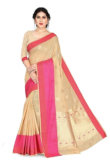 Womens Silk Blend Traditional Woven Sari With Contrast Border Having Rich Pallu & Matching Blouse