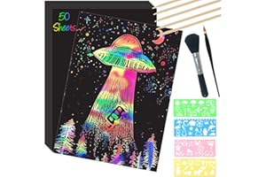 ZOCONE Scratch Paper Art Set, 50 Sheets 8x11in Rainbow Coated Scratchboard Large Scratch Paper with Wooden Styluses and Stencils, DIY Scratch Painting Art Paper for Kids Adults Birthday Christmas Gift