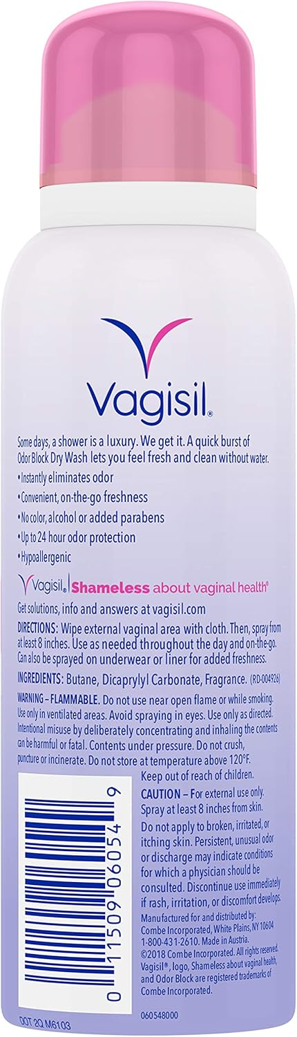 Vagisil Odor Block Feminine Dry Wash Deodorant Spray for Women, Gynecologist Tested, On The Go Hygiene, 2.6 Ounces: Health & Personal Care