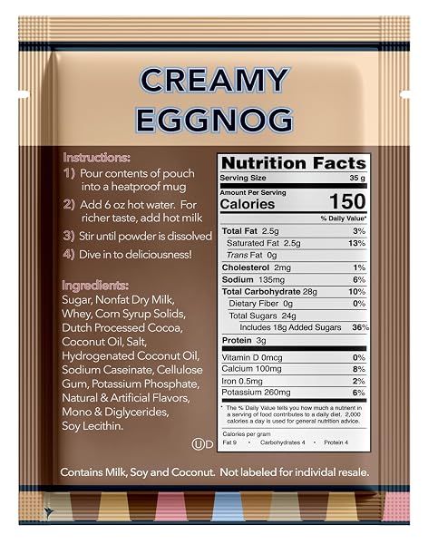 DOUBLE DONUT COFFEE CREAMY EGGNOG HOT CHOCOLATE MIX PACKETS, FLAVORED EGGNOG HOT COCOA MIX, 18 COUNT