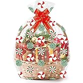 15 Sets Large Christmas Cellophane Bags(20x28 Inch) with Pull Bows Gingerbread Candy Xmas Gift Goodie Basket Stocking Stuffers Wrap Holiday Christmas Birthday Party Decorations Favors Supplies Baggies