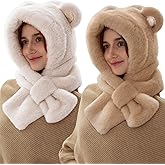 Shyyween 2 Pcs Cute Winter Bear Ear Hooded Scarf Hat for Women, Hat Scarf Set Fluffy Soft Warmer Neck 2-in-1 for Cold Weather