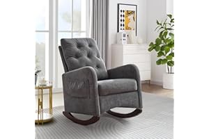 KINFFICT Modern Rocking Chair for Nursery, Upholstered Glider Rocker Chair with Tufted High Backrest, Comfy Accent Armchair with Thick Cushion and Two Pockets for Living Room, Bedroom, Office, Deep Grey