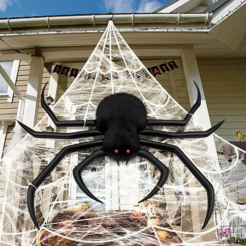 Halloween Decorations Spider Web, 40'' Inflatables Giant Spider + 200'' Triangular Giant Spider Web and 20G Spider Web, Halloween Spider for Indoor Outdoor Scary Haunted House Spider Web Party Yard