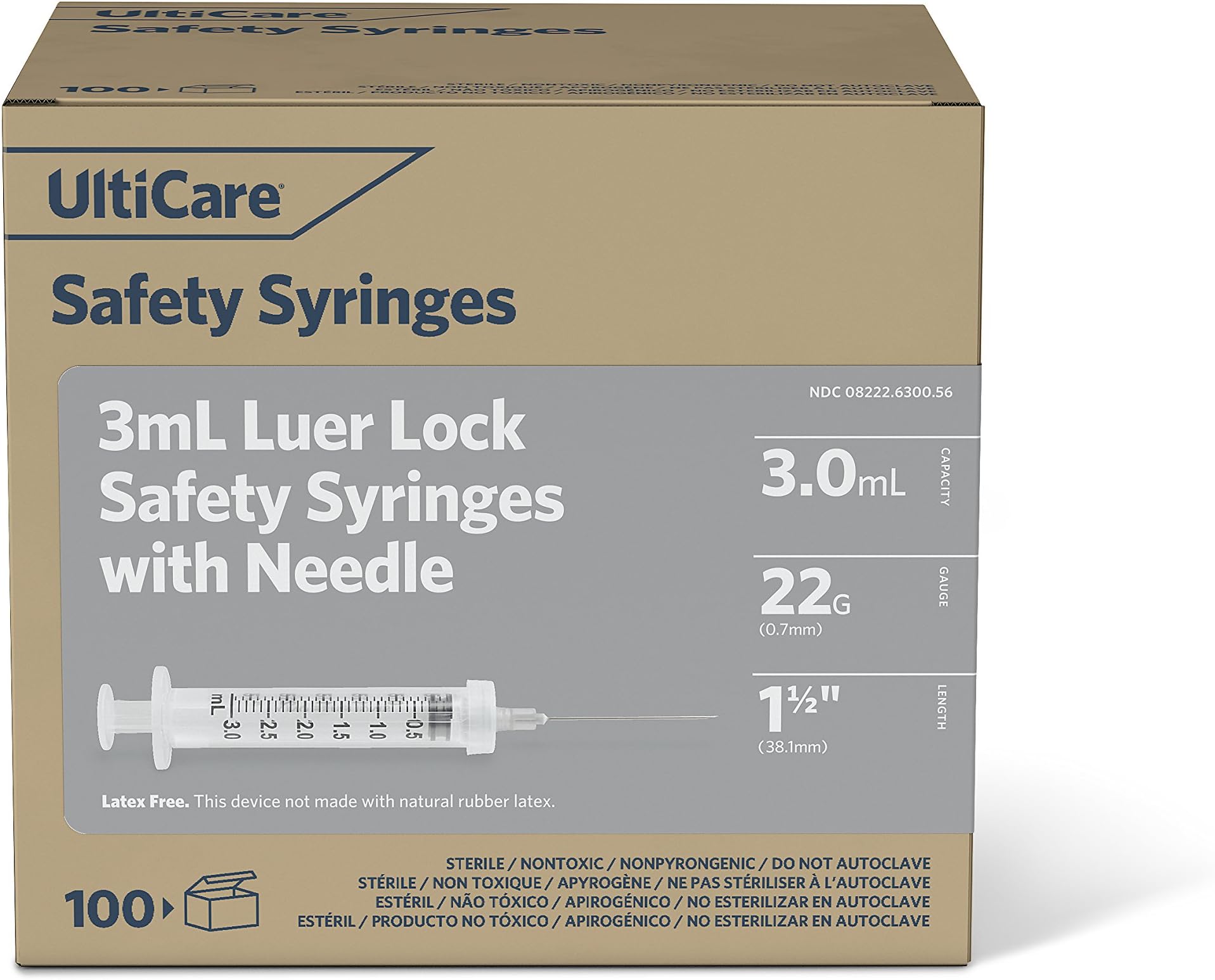 UltiCare 63005 Safety Syringes with Detachable Needle, 23 g x 1-1/2", 3mL (Pack of 100)