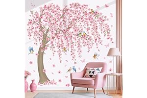 decalmile Large Cherry Blossom Tree Wall Stickers Pink Flower Branch Birds Wall Decals Girls Bedroom Living Room Sofa TV Back