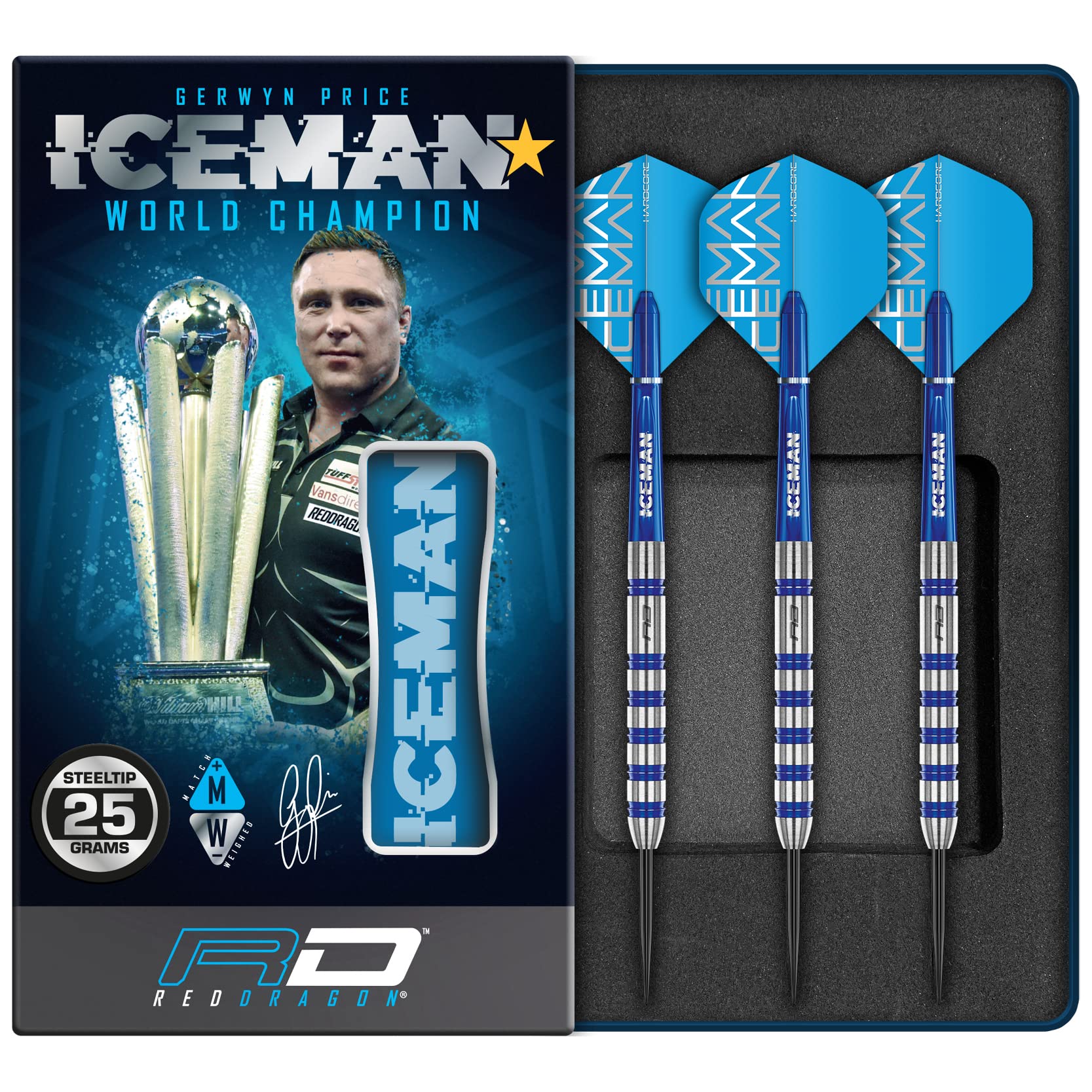 Red Dragon Gerwyn Price Iceman Challenger 25 Gram Professional Tungsten Darts Set with Flights and Stems