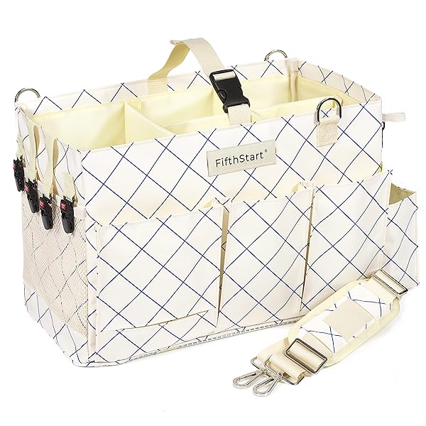 FIFTHSTART CLEANING CADDY FOR CLEANING SUPPLIES – LARGE CLEANING BAG ORGANIZER TOTE WITH SHOULDER STRAP, MESH BASE & ADJUSTABLE DIVIDERS – HEAVY DUTY CLEANING BAGS FOR HOUSEKEEPERS (BLUE CHECK, LARGE)