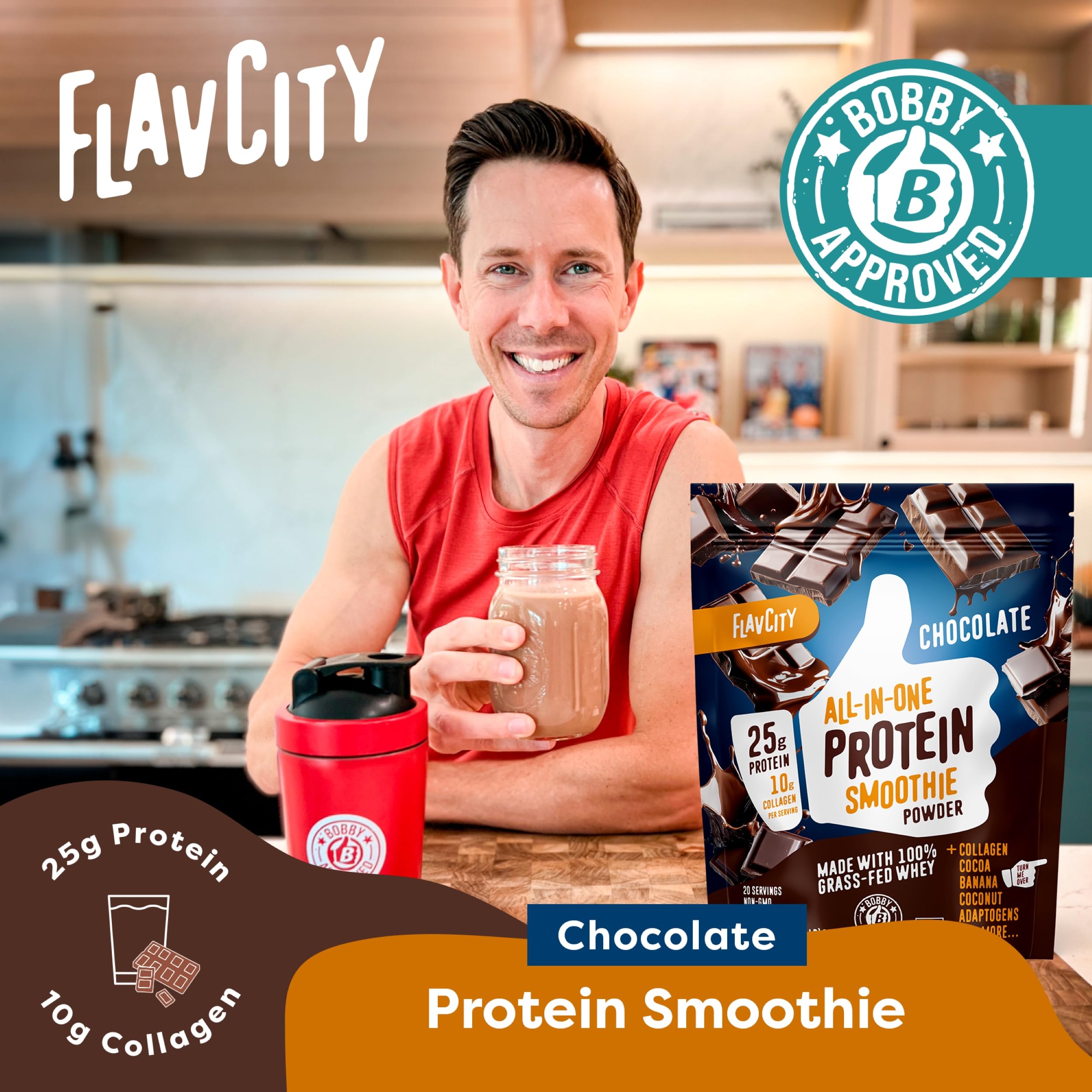 FlavCity Grass Fed Whey Chocolate Protein Powder - 25g Protein & 10g Collagen - Made with Organic Cocoa, Bananas & Coconut Milk - Gluten Free & No Added Sugars (20 Servings)