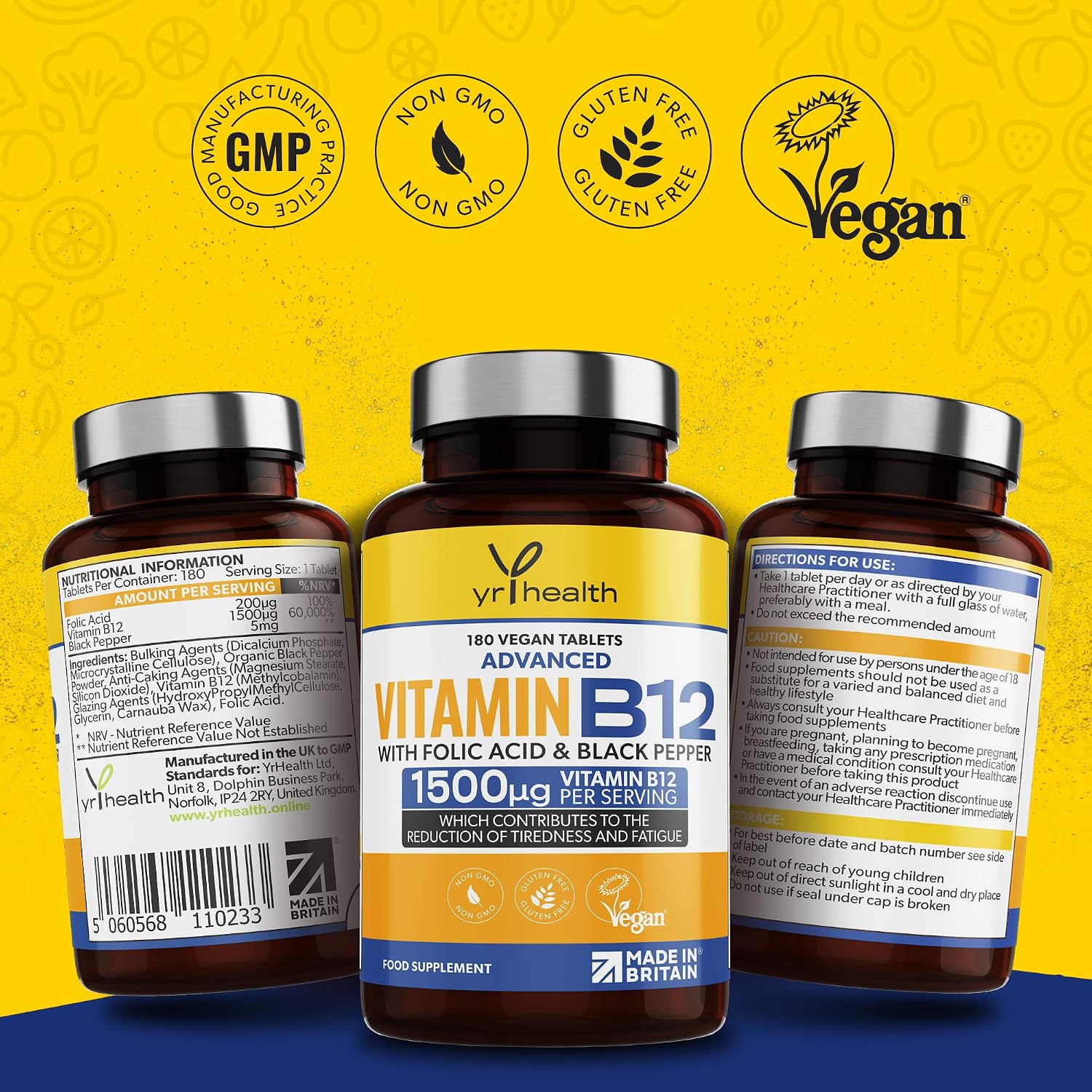 Vegan Vitamin B12 Tablets 1500mcg Methylcobalamin High Strength with Added Folic Acid & Black Pepper - Image 4