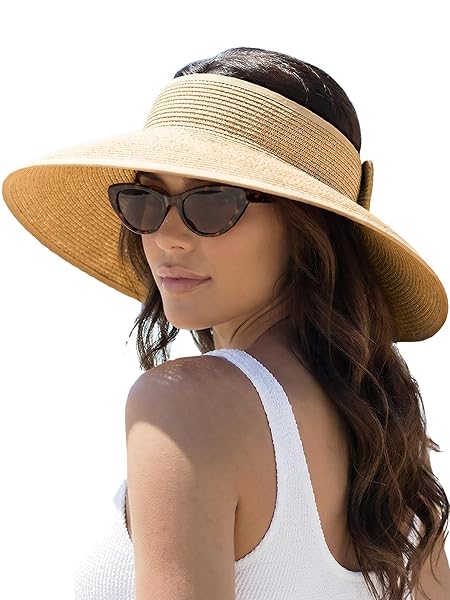ALTURAGO SUN VISOR HAT FOR WOMEN WIDE BRIM PONYTAIL STRAW HAT UV UPF SUMMER BEACH VACATION PACKABLE FOLDABLE TRAVEL (US, ALPHA, ONE SIZE, KHAKI)