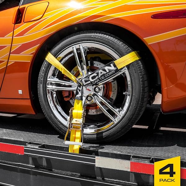 VULCAN CAR TIE DOWN WITH FLAT HOOKS – LASSO STYLE – 2 INCH X 96 INCH – 4 PACK – CLASSIC YELLOW – 3,300 POUND SAFE WORKING LOAD