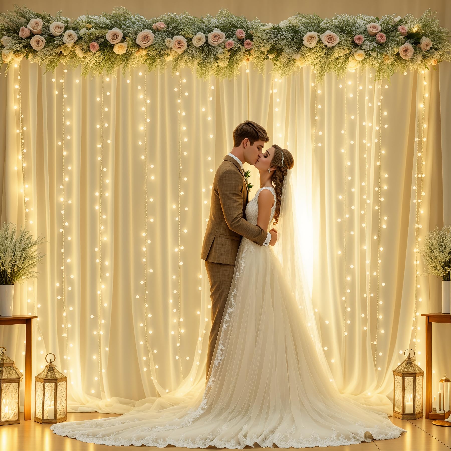 Photo 1 of 10ft x 10ft Champagne Sheer Tulle Backdrop Curtains with Lights String Wedding Backdrop for Reception Ceremony Birthday Party Baby Shower Photo Booth Background Decoration