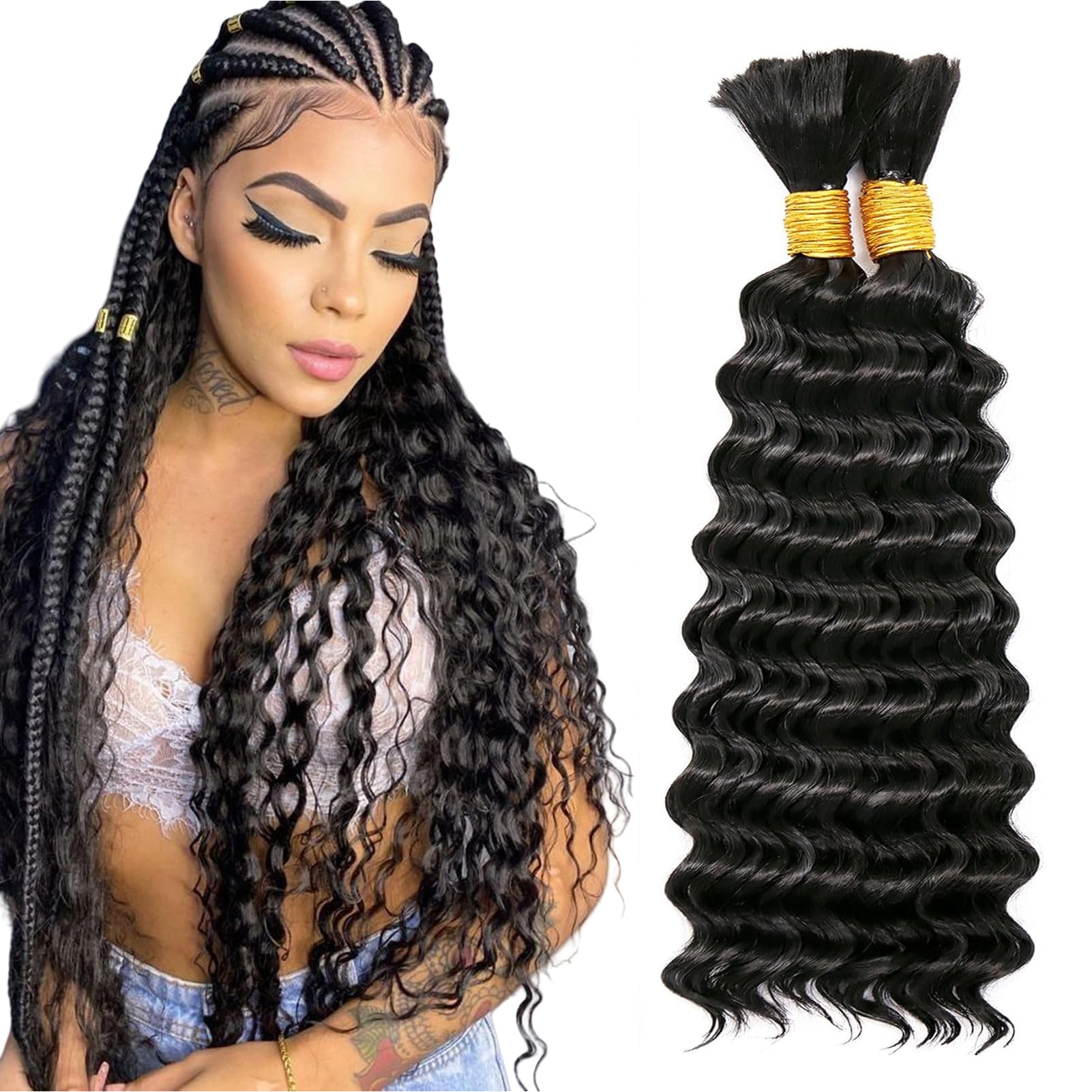 Deep Wave Boho Braids Synthetic Hair Extensions 22 Inch 2 Bundles Water Wave Curly Synthetic Braiding Hair Bulk Wet and Wavy Goddess Box Braids for Women (#1B/Natural black, 22inch/55cm)