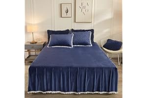 LIFEREVO Luxury Pom Poms Velvet Bed Skirt, Velvet Wrap Around Bed Skirt, Diamond Quilted Fitted Bed Sheet with Bedskirt, 18 Inch Drop Dust Ruffle Decorative Bed Skirt Pompoms Fringe(Full/Queen, Navy)