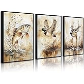 Vintage Animal Wall Art Baby Boy Room Canvas Wall Decor Farmhouse Animal Posters Kids Nursery Hunting Art Prints Rustic Deer Fish Pictures Mallard Duck Painting for Bedroom 12x16 Inch Unframed 3pcs