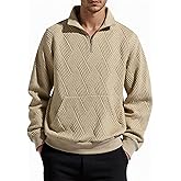 KOSYWAY Men's Quilted Jacquard Geometric Pullover Sweatshirt with Stand Collar & Half Button