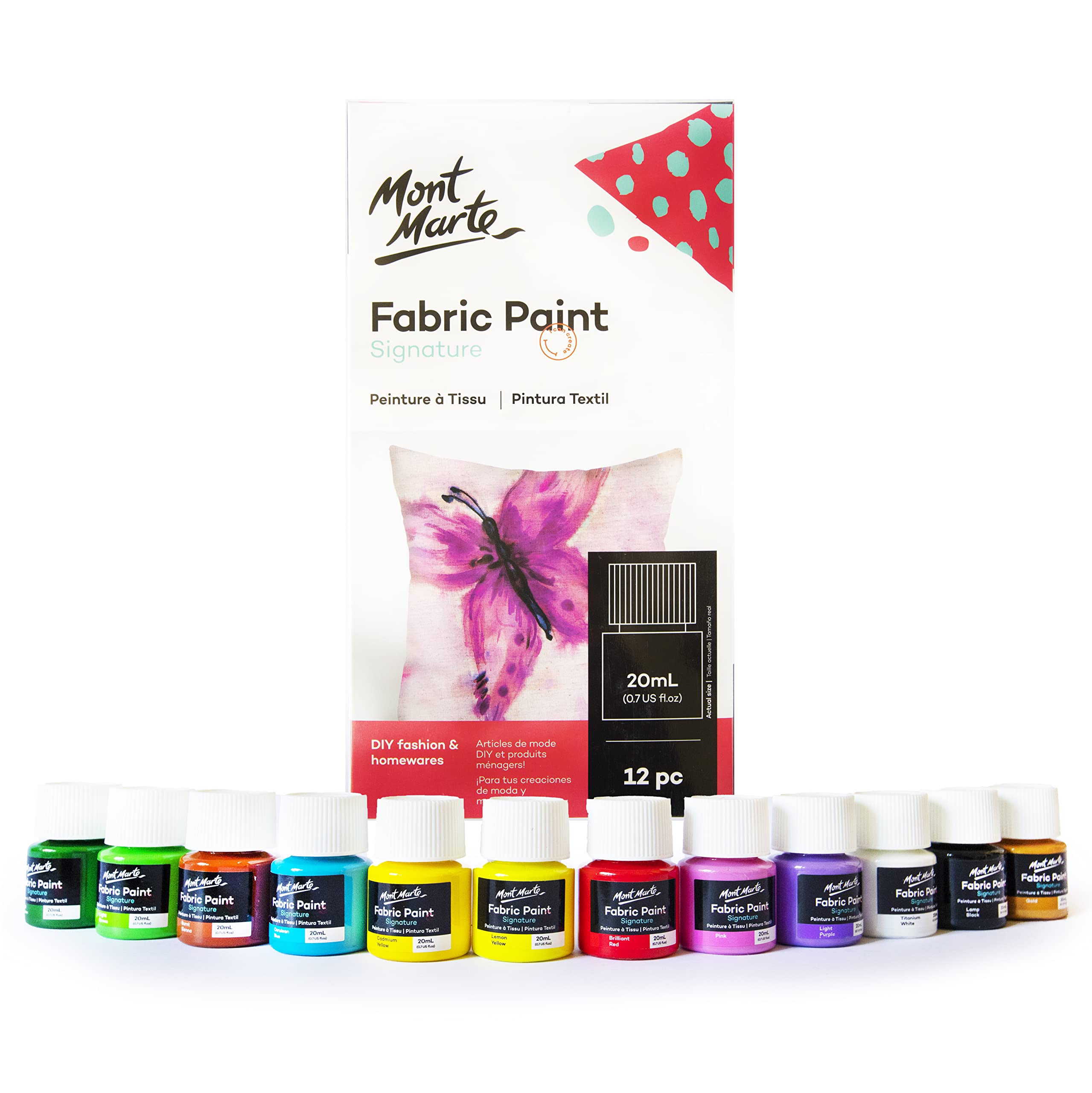 MONT MARTE Fabric Paint Set – 12 pieces x 20ml – Permanent Textile Paints – Ideal Colours for Clothing, Bags and all Fabrics