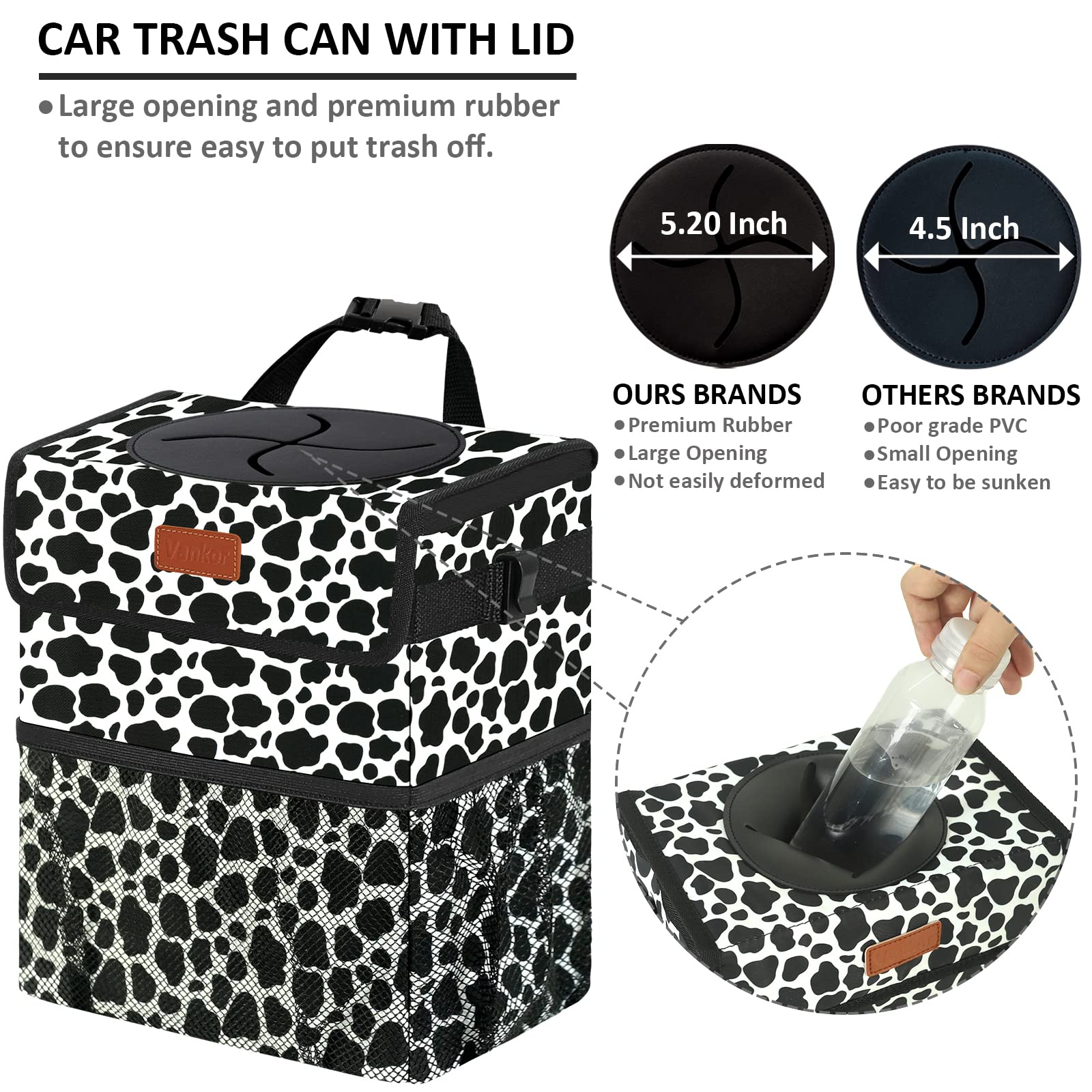 Vankor Car Trash Can for Car Cute,Bag Bin Hanging Waterproof Automotive Garbage Cans Leak Proof Vehicle Trash Can Cow Print