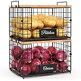 keomaisyto Pantry Organizers and Storage, 2 Set XXL Stackable Wire Baskets with Wooden Tops & Tags, Kitchen Counter Organizers Bins for Potato, Onion, Produce, Fruit, Vegetable