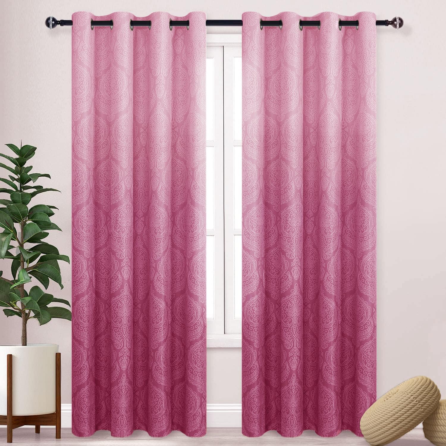 DWCN Ombre Blackout Curtains for Bedroom - Damask Patterned Thermal Insulated Energy Saving Grommet Curtains for Living Room, Set of 2 Gradient Window Curtain Panels, 52 x 96 Inches Long, Pink
