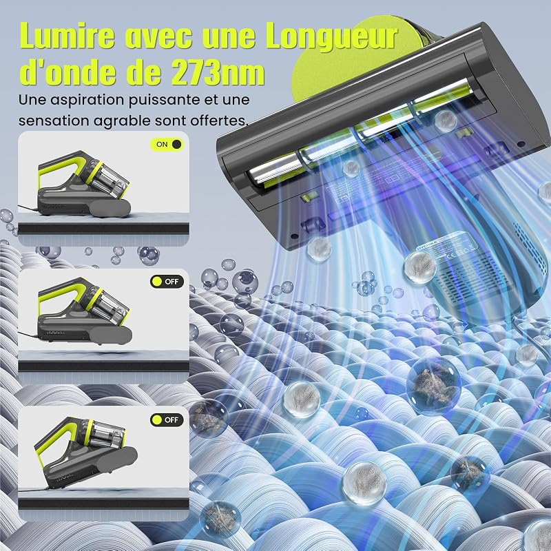 HYCHIKA Aspirateur Anti-Acariens 16 kPa, Lumière UV-C, Chauffage à 60 °C