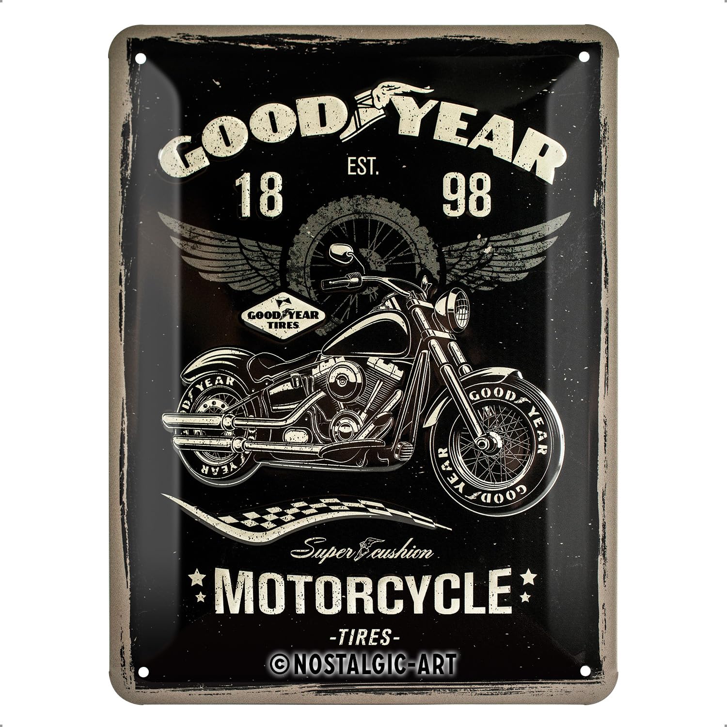 Nostalgic-Art Retro Tin Sign – Goodyear – Motorcycle – Gift idea for car and motorcycle fans, Metal Plaque, Vintage design for decoration, 15 x 20 cm