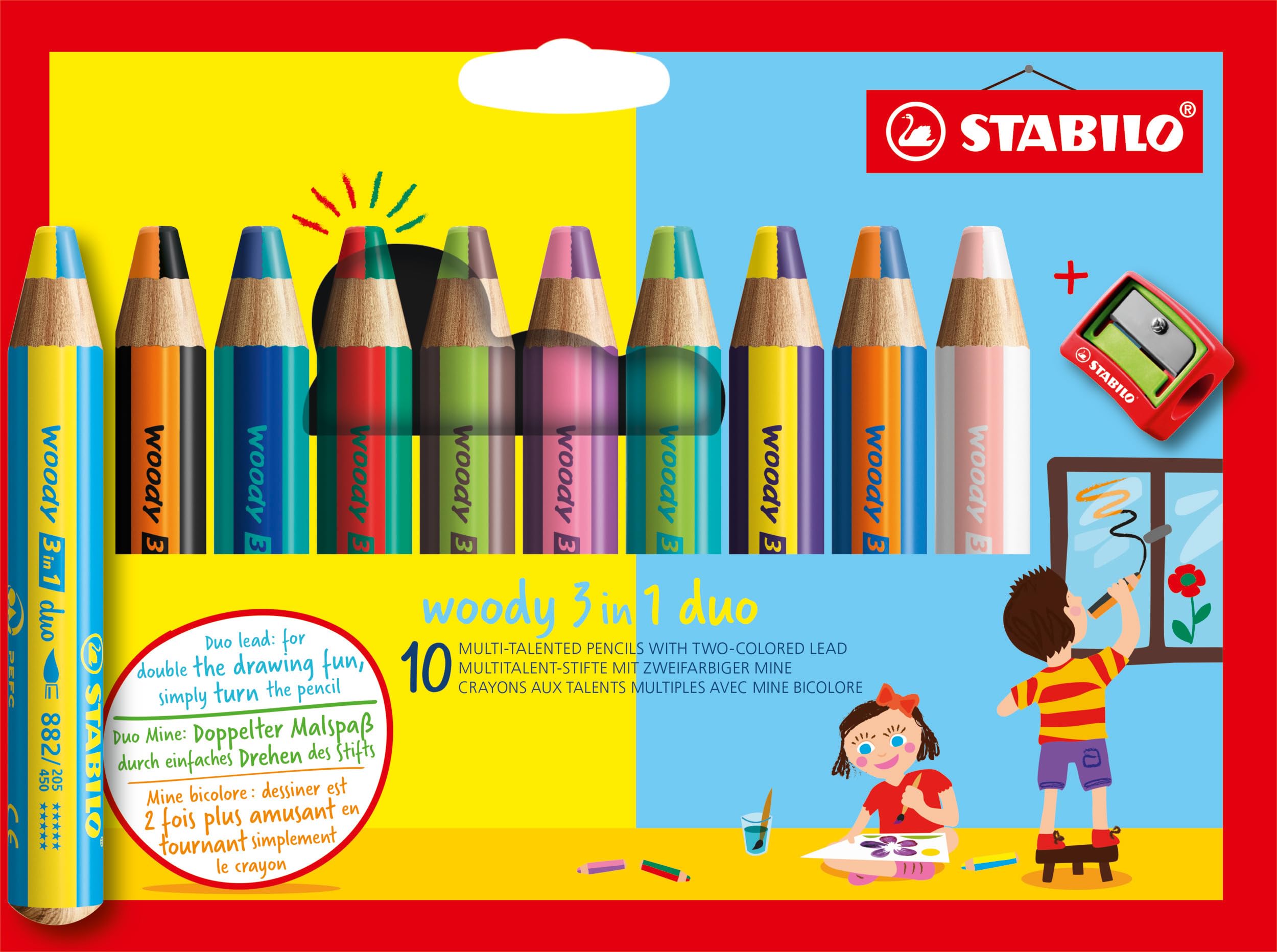 STABILO woody 3-in-1 duo - Multi-Talented Pencil - Pack of 10 - Assorted Colours with Sharpener — image 1