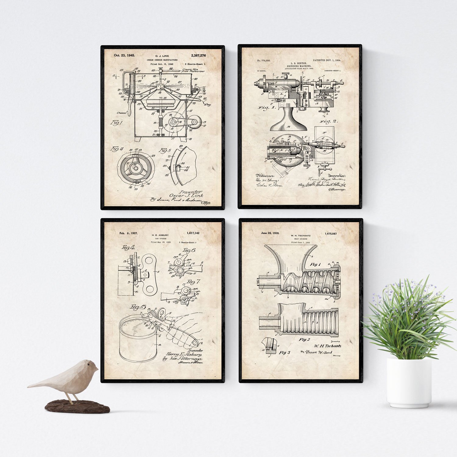 Nacnic Vintage - Pack of 4 Kitchen Patent Sheets Ancient Patent and Invention Poster Set Choose your favourite colour. Printed on 250 g paper