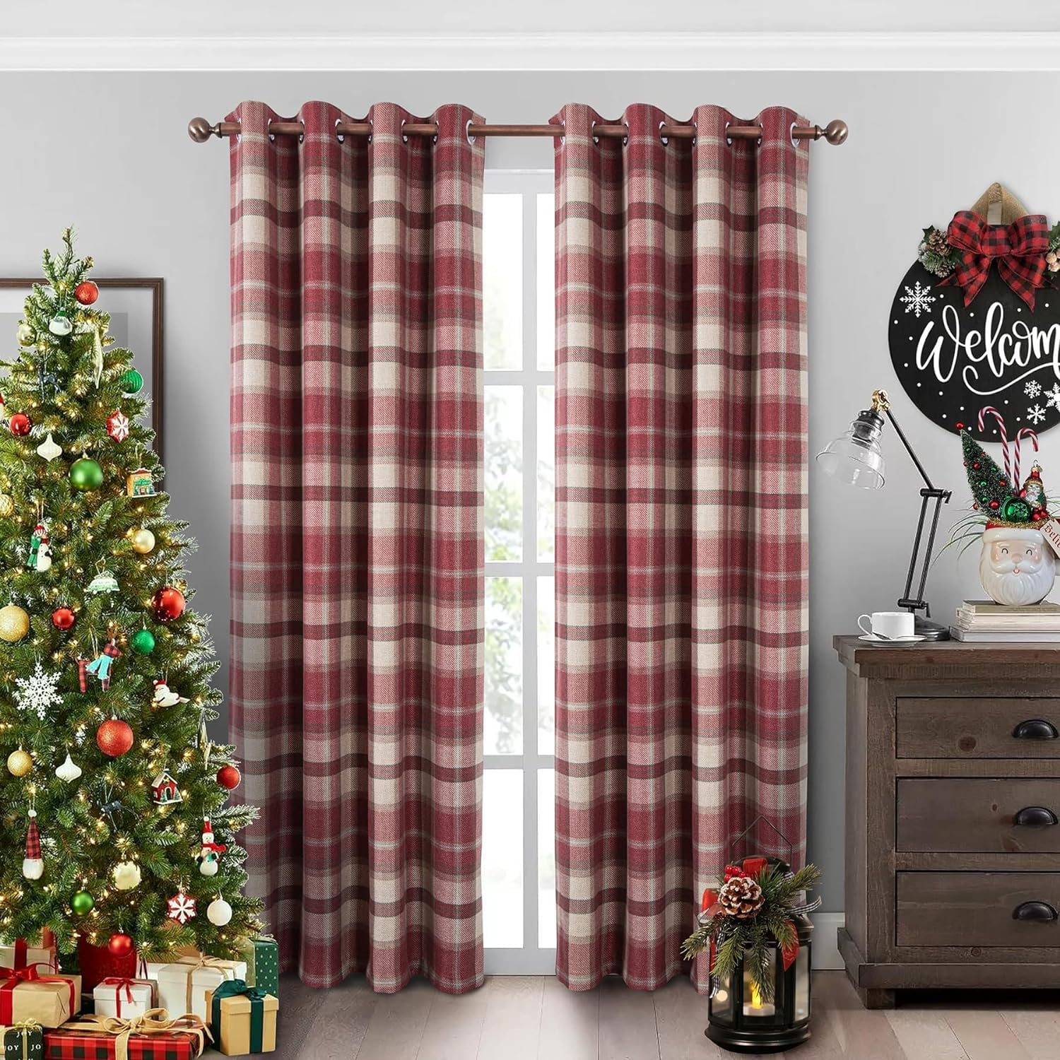 always4u 100% Blackout Curtains Check Eyelet Curtain Bedroom Plaid Woven Brushed Cheque Pair of Highland Woolen Look Window Treatment for Living Room Red 66 * 54 Inches