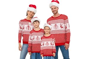 Xaatren Matching Family Christmas Sweaters Ugly Knit Pullover Cute Long Sleeve Crew Neck Xmas Holiday Jumper with Hat