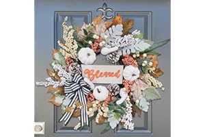 VOFULY Fall Wreath for Front Door,Autumn Harvest Porch Decor,18 inch Blessed Fall Door Wreaths with White Pumpkin,thanksgving Farmhouse Decoration with Ribbon Bow for Indoor Outdoor, Front Door Wreaths