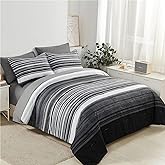KAKIJUMN 5 Piece Bed in a Bag Stripe Comforter Set Twin Size, White Grey Black Patchwork Striped Comforter and Sheet Set, All Season Soft Microfiber Complete Bedding Sets(Grey,Twin)