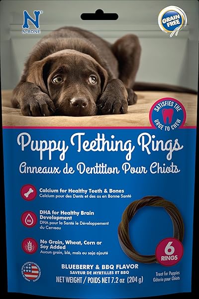 N-BONE PUPPY TEETHING RINGS GRAIN-FREE BLUEBERRY & BBQ FLAVOR DOG TREAT, 6 COUNT BAG, 7.2-OZ