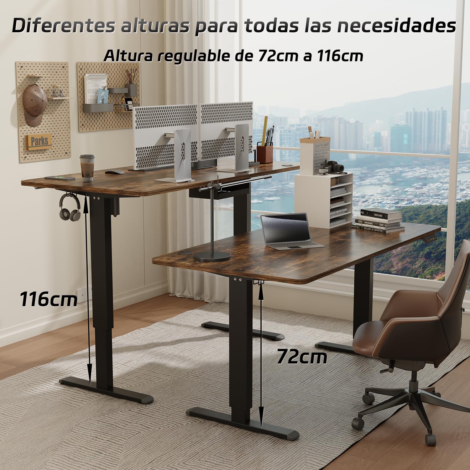 Airfish Höhenverstellbarer Schreibtisch 140x70 cm, Elektrisch Schreibtisch mit Kabelwanne, Computertisch mit USB-Buchse, Bürotisch, Stehpult mit Erinnerung an sitzende Tätigkeiten, Vintage-Braun 6